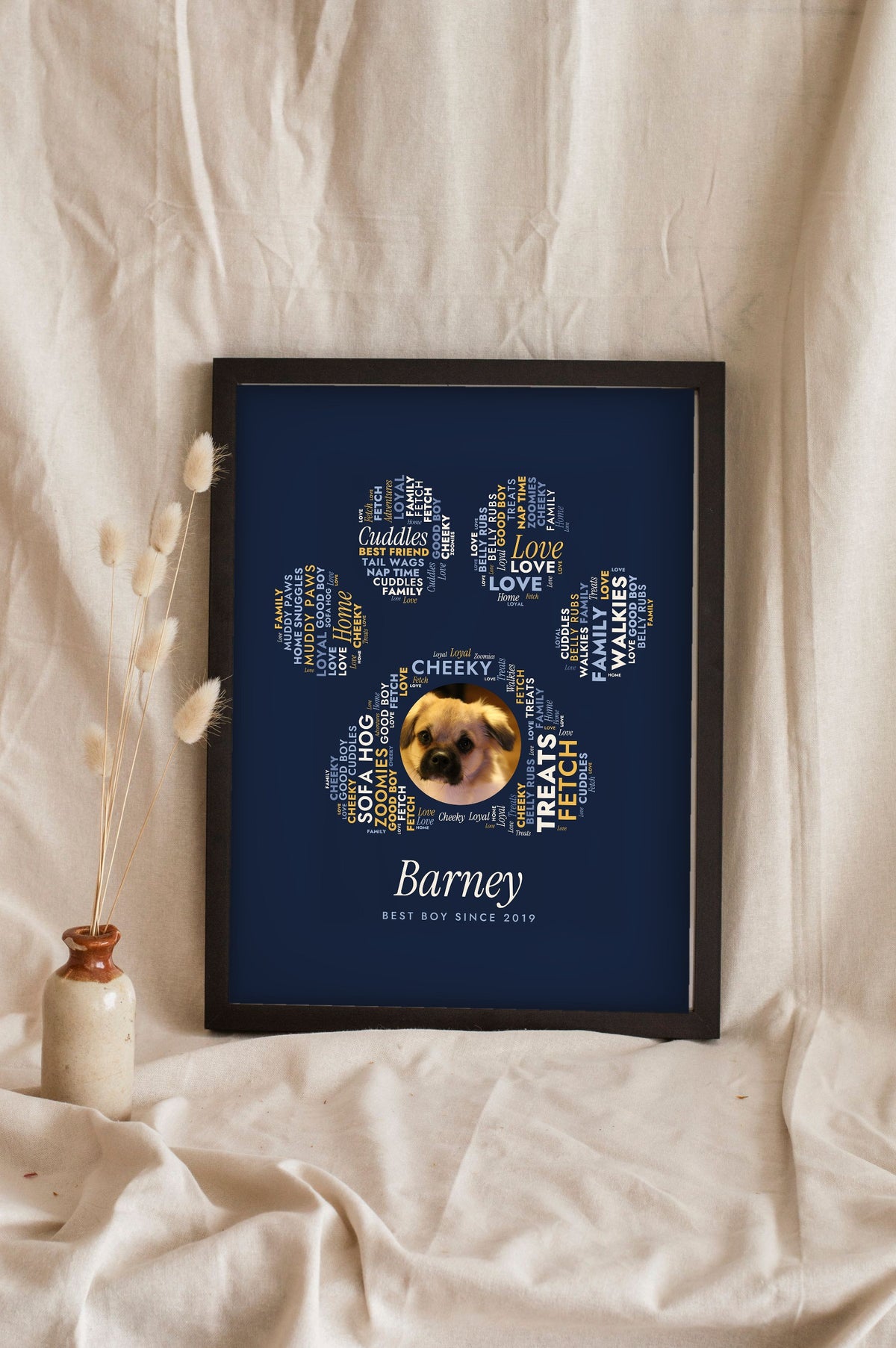 Personalised Dog Word Art Print - leaning in a frame