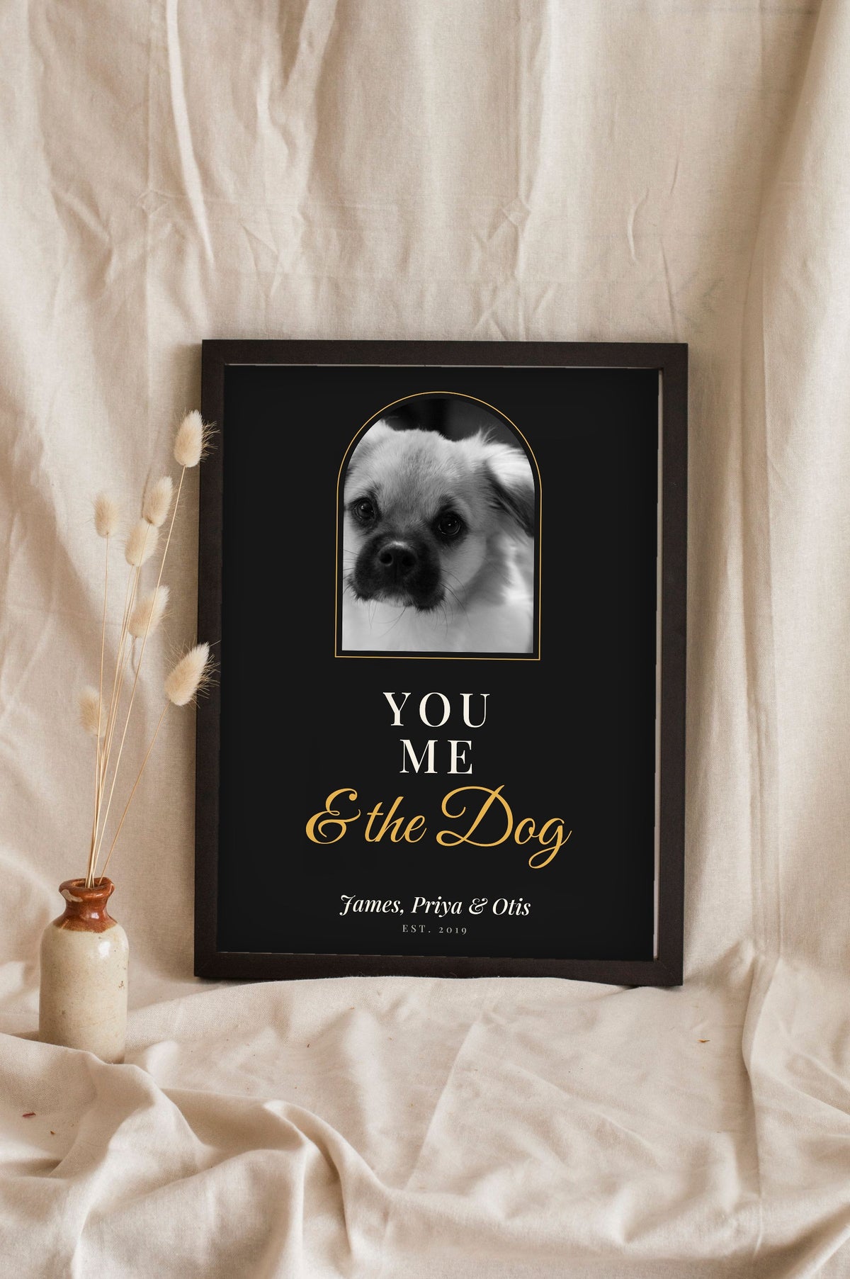 Personalised You, Me & the Dog Print - leaning in a frame