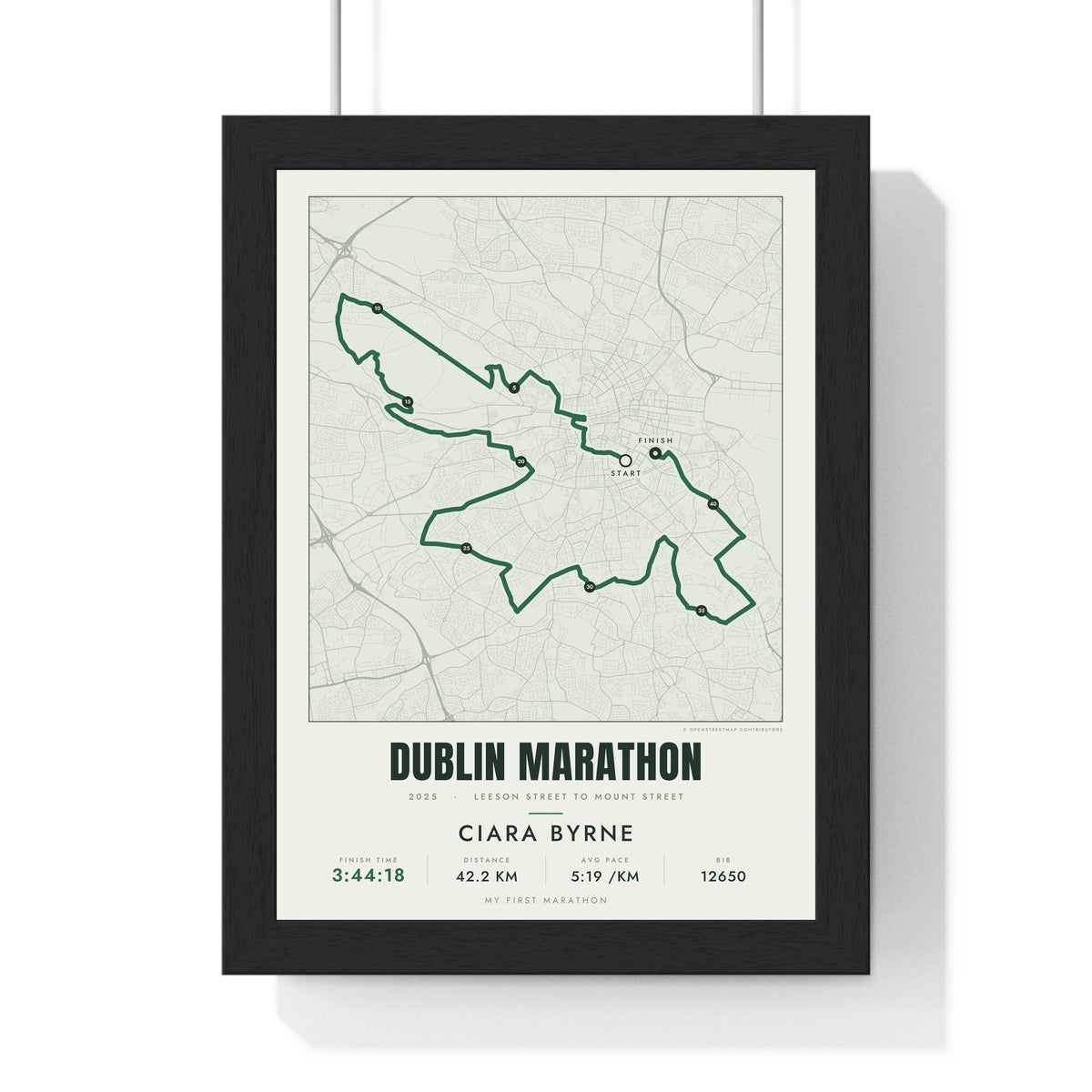 Personalised Dublin Marathon Print - framed street map Dublin Marathon route print with name and finish time