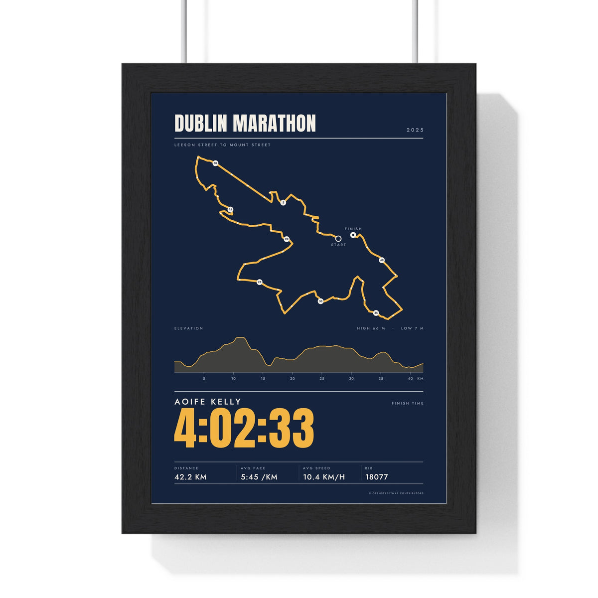 Personalised Dublin Marathon Print - framed stats style Dublin Marathon print with elevation profile