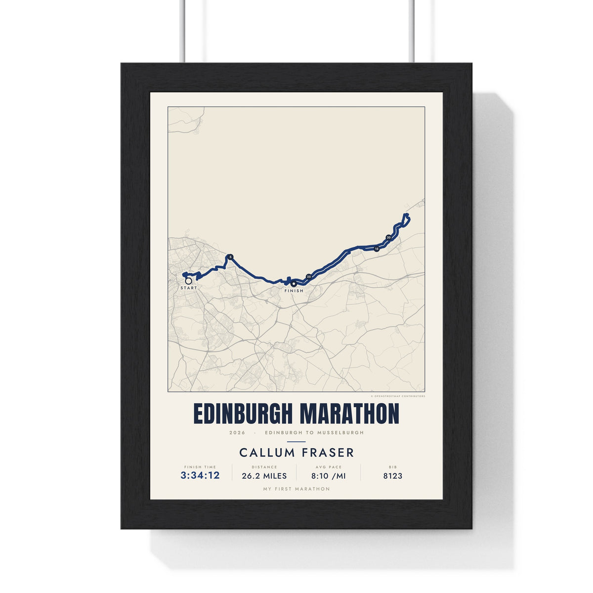 Personalised Edinburgh Marathon Print - framed street map Edinburgh Marathon route print with name and finish time