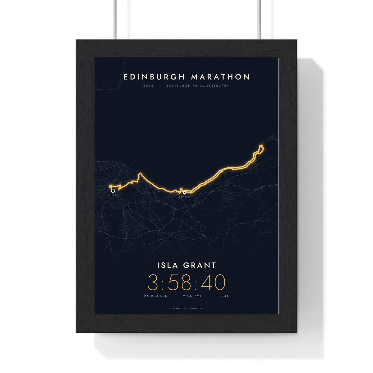 Personalised Edinburgh Marathon Print - framed night style Edinburgh Marathon route print