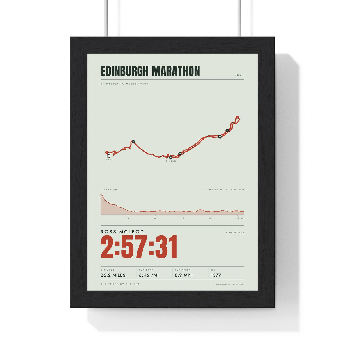 Personalised Edinburgh Marathon Print - framed stats style Edinburgh Marathon print with elevation profile