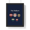 Personalised Family Christmas Jumper Print - framed navy version with five jumpers including a baby