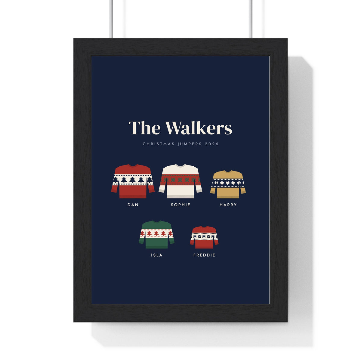Personalised Family Christmas Jumper Print - framed navy version with five jumpers including a baby