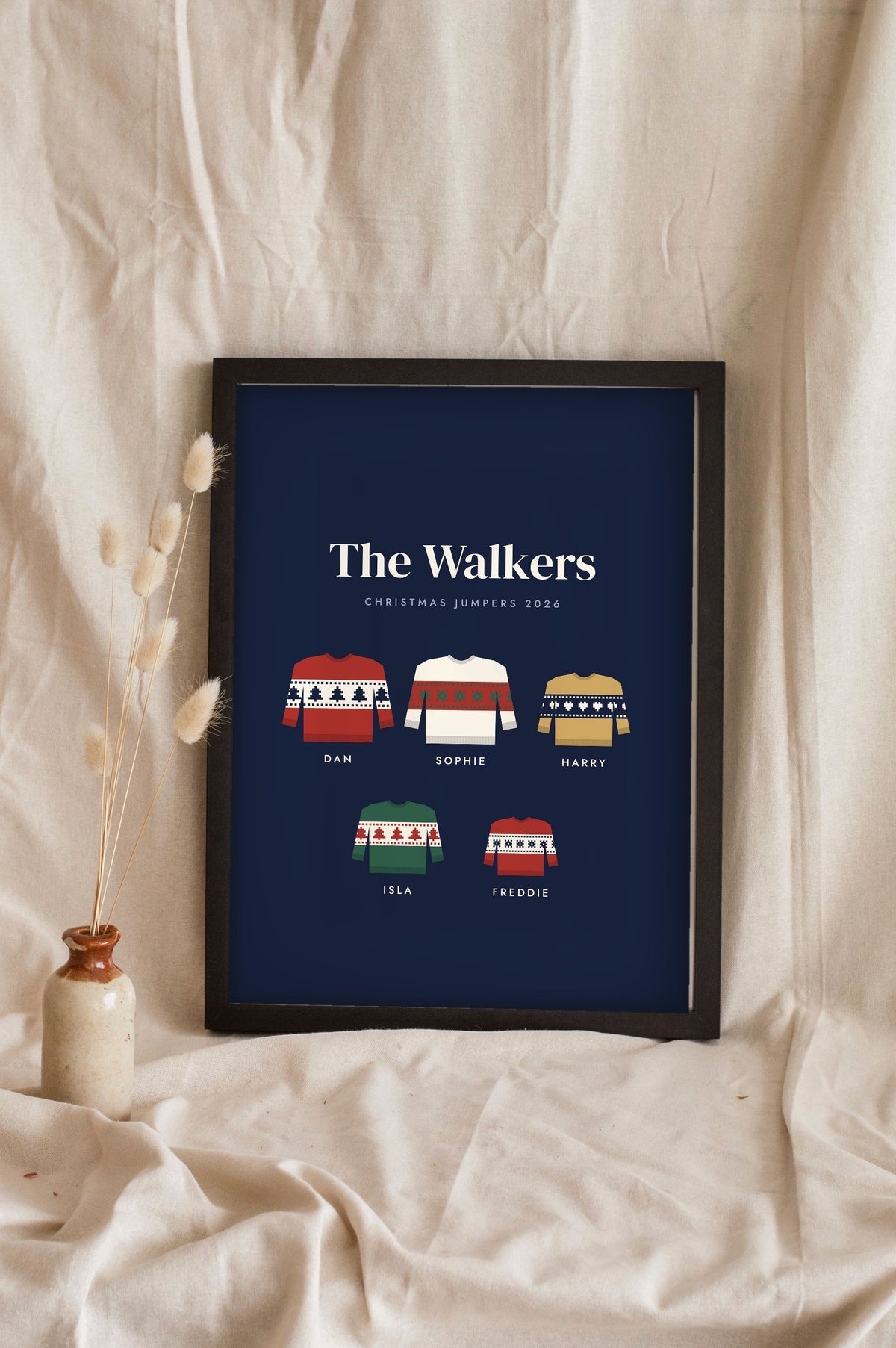 Personalised Family Christmas Jumper Print - navy Christmas jumper print leaning on a shelf