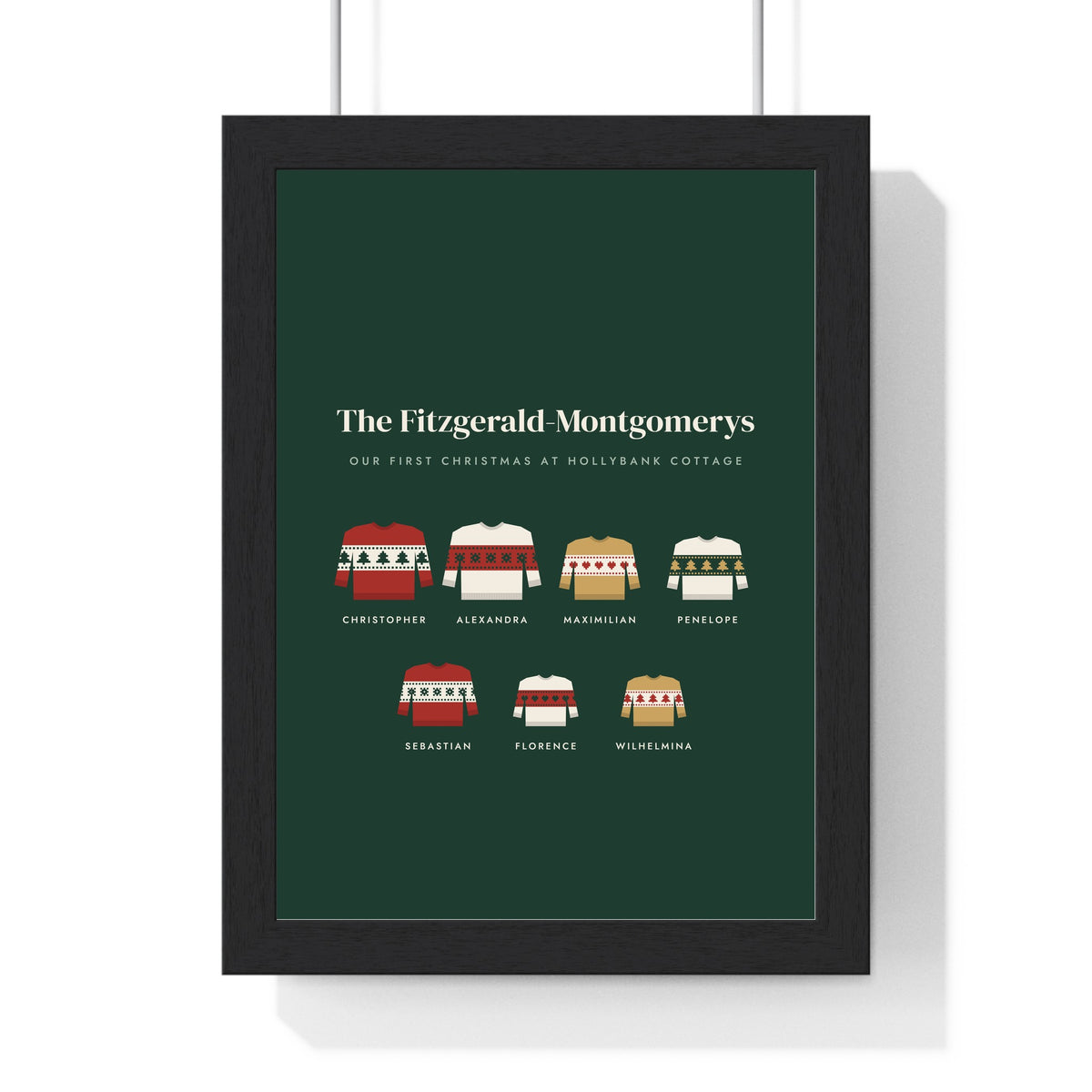 Personalised Family Christmas Jumper Print - framed forest green version with seven jumpers