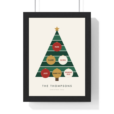 Personalised Family Christmas Tree Print - framed family Christmas tree print with six named baubles