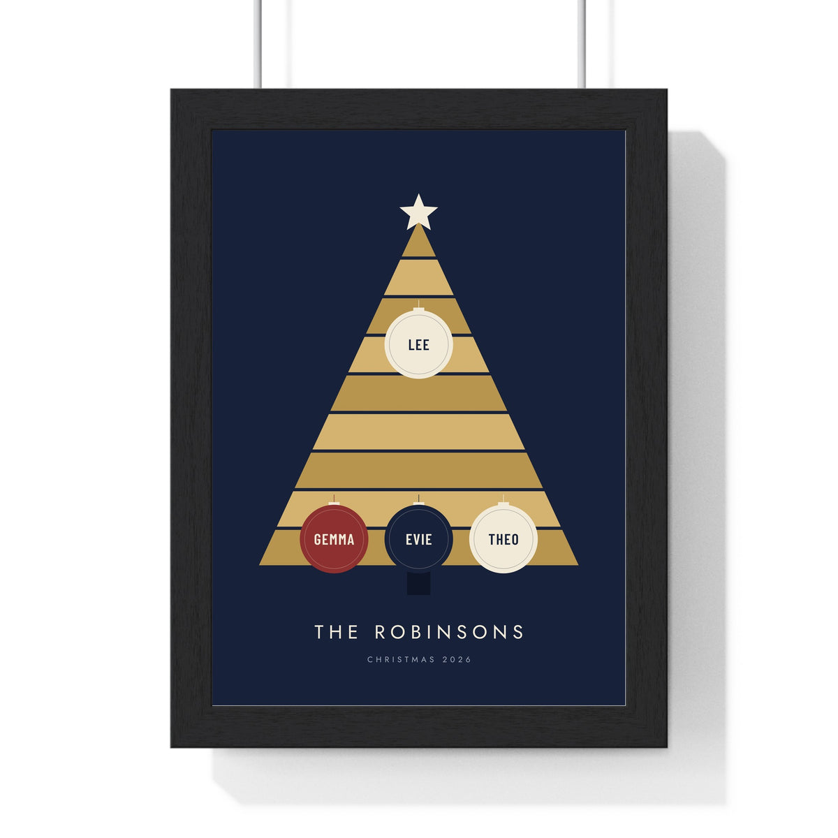 Personalised Family Christmas Tree Print - framed navy and gold version with four baubles