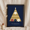 Personalised Family Christmas Tree Print - navy and gold Christmas tree print leaning on a shelf