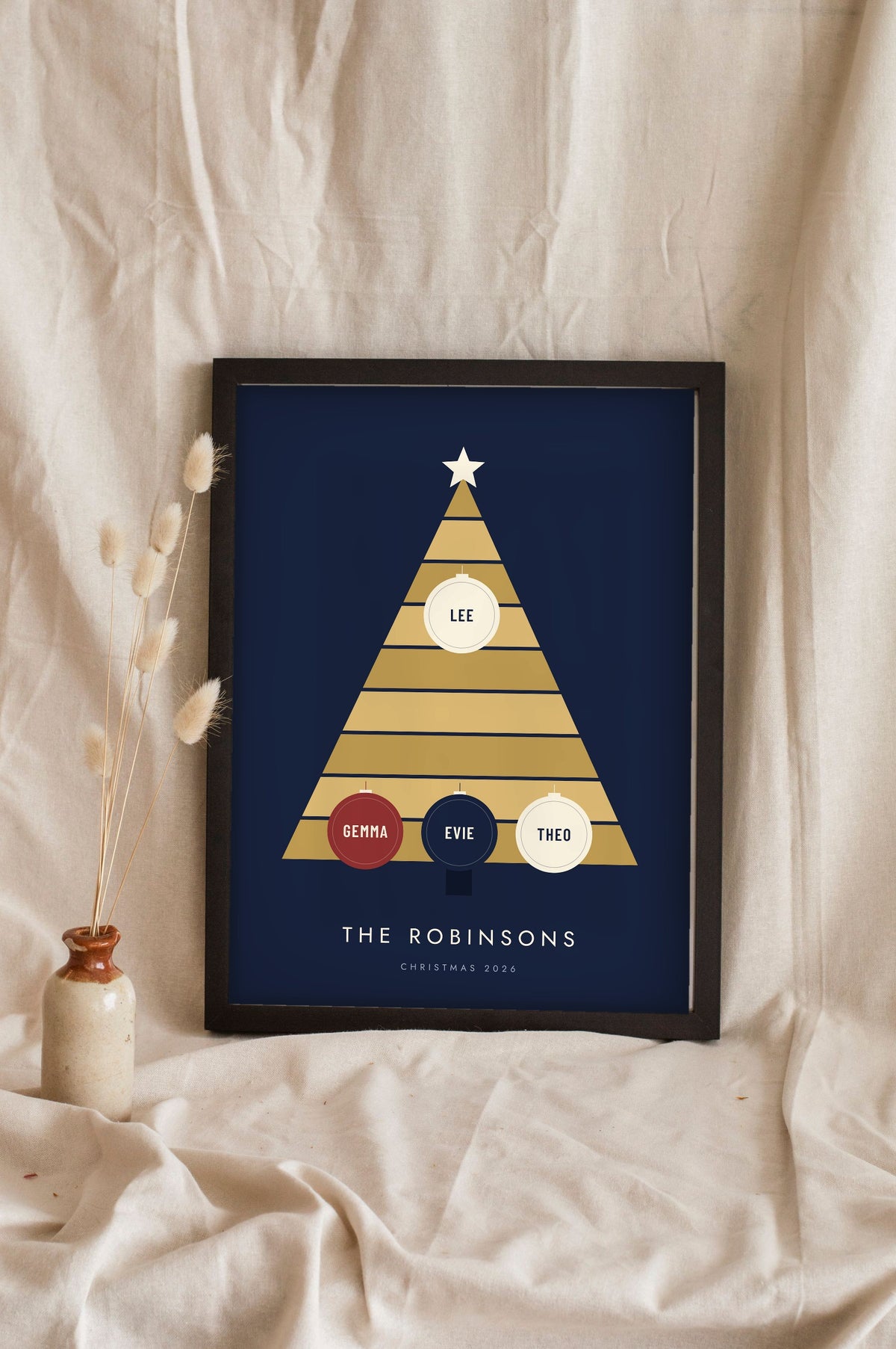 Personalised Family Christmas Tree Print - navy and gold Christmas tree print leaning on a shelf
