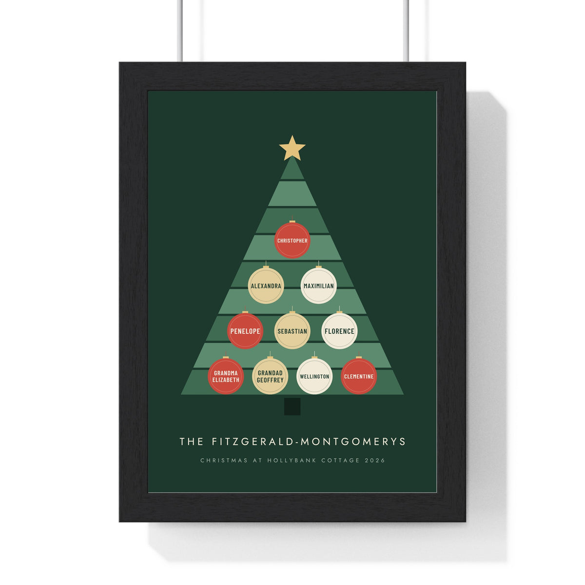 Personalised Family Christmas Tree Print - framed forest green version with ten baubles