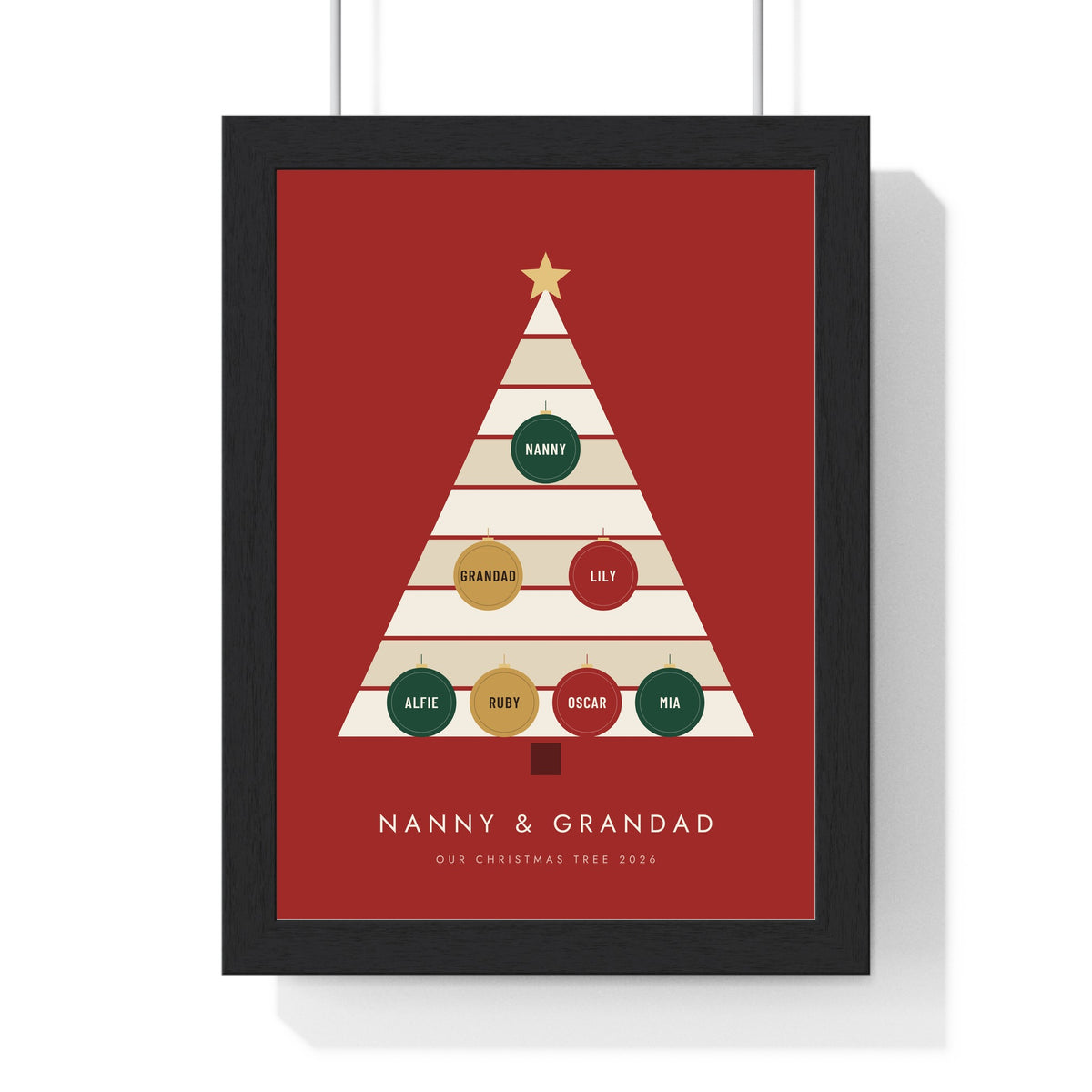 Personalised Family Christmas Tree Print - framed Christmas red version for Nanny and Grandad
