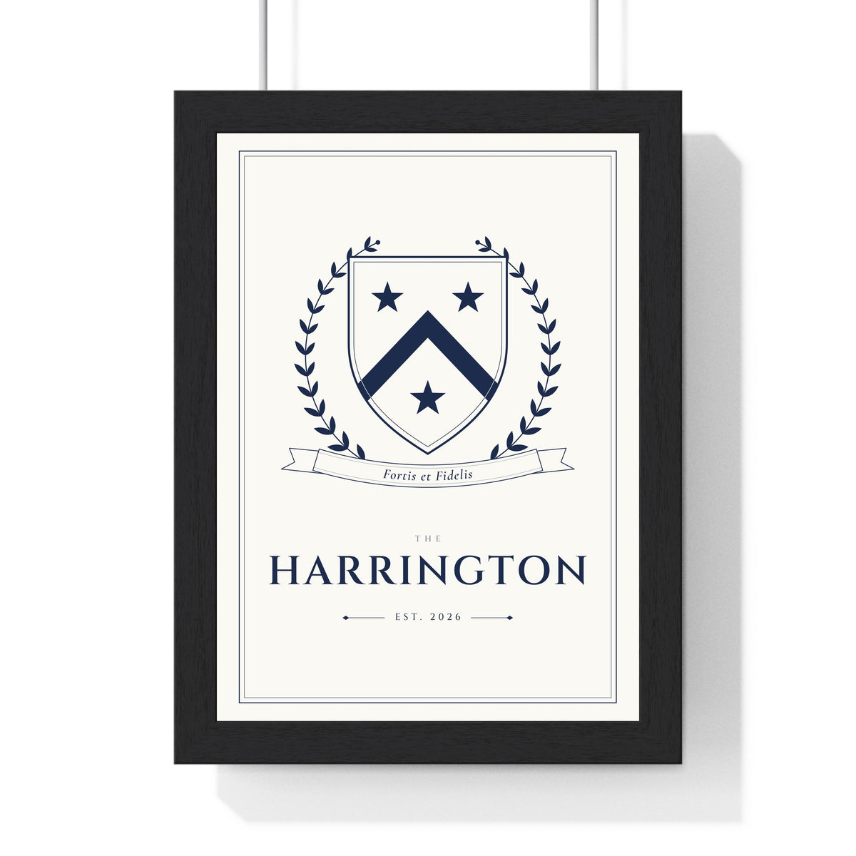 Personalised Family Crest Print - framed white and navy Harrington family crest print