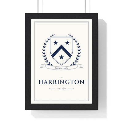 Personalised Family Crest Print - framed white and navy Harrington family crest print