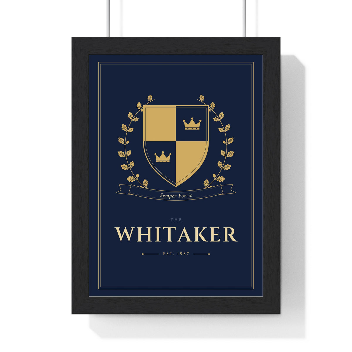 Personalised Family Crest Print - framed navy and gold quartered crest with crowns
