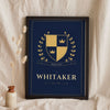 Personalised Family Crest Print - navy and gold Whitaker family crest with an oak wreath