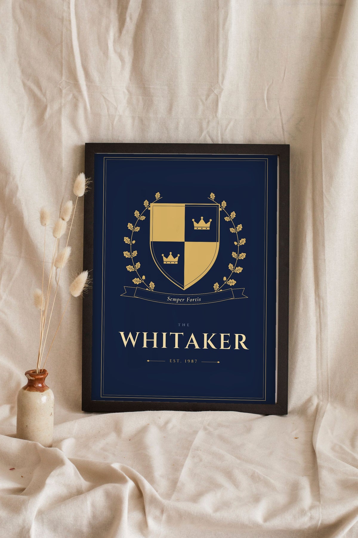 Personalised Family Crest Print - navy and gold Whitaker family crest with an oak wreath