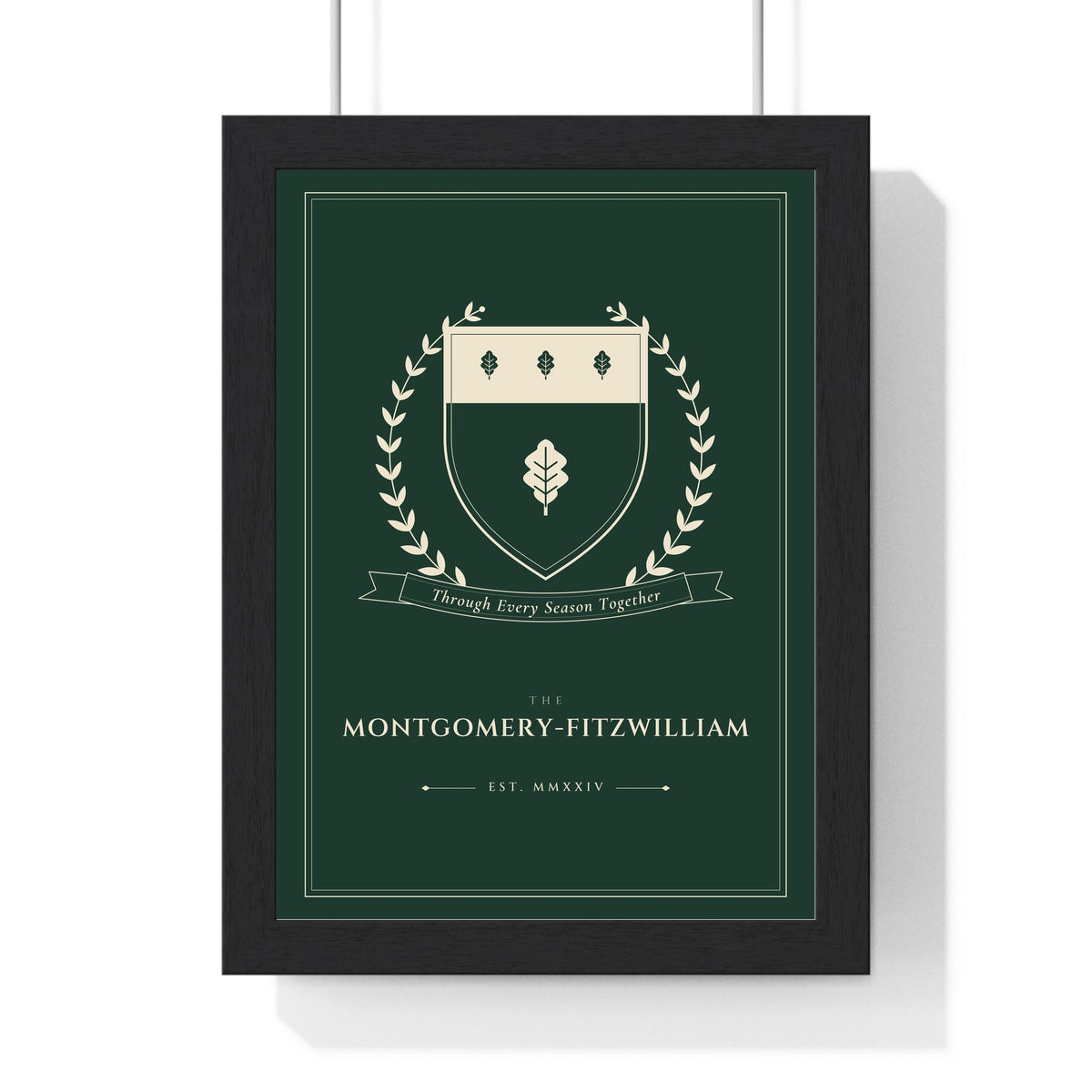 Personalised Family Crest Print - framed forest and cream crest with oak leaves and a long surname