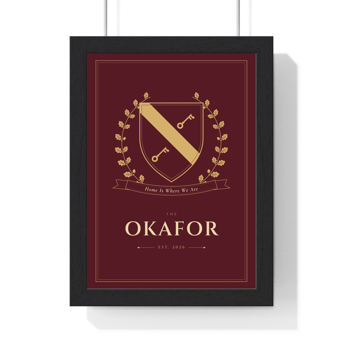 Personalised Family Crest Print - framed burgundy and gold crest with keys