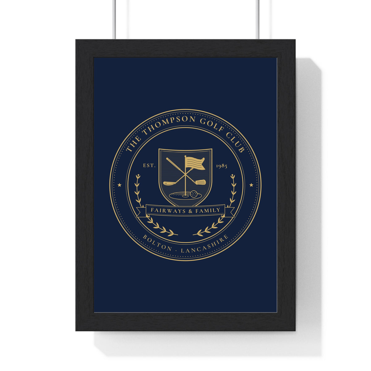 Personalised Family Golf Club Crest Print - framed gold on navy family golf club crest print