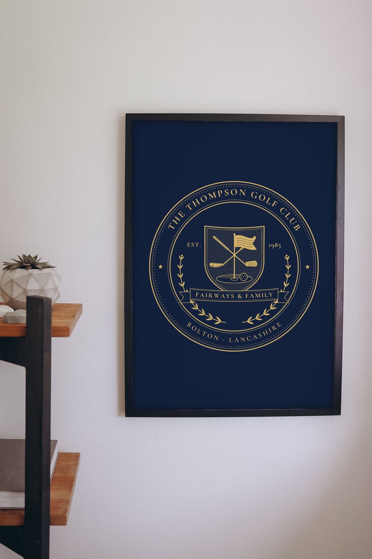 Personalised Family Golf Club Crest Print - golf club crest print on the study wall