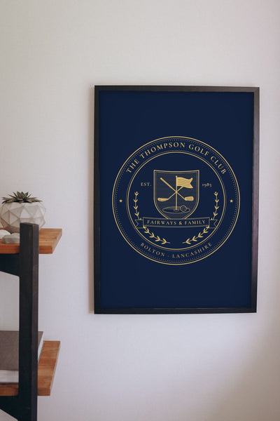 Personalised Family Golf Club Crest Print - golf club crest print on the study wall
