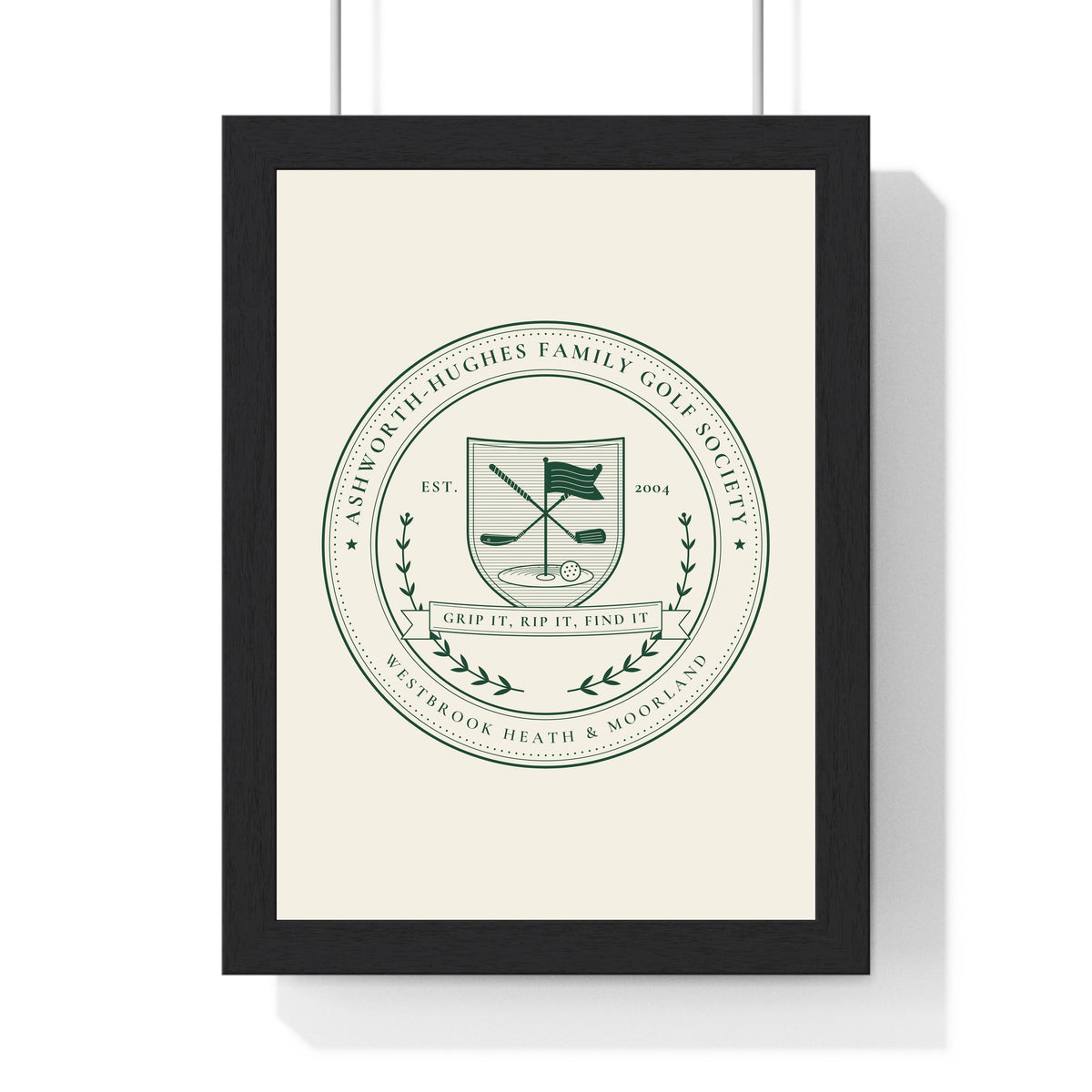 Personalised Family Golf Club Crest Print - framed green on cream golf society crest