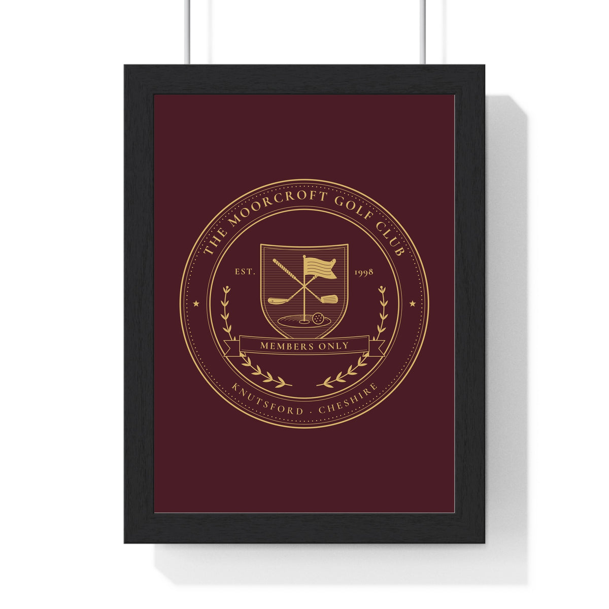 Personalised Family Golf Club Crest Print - framed gold on burgundy golf crest