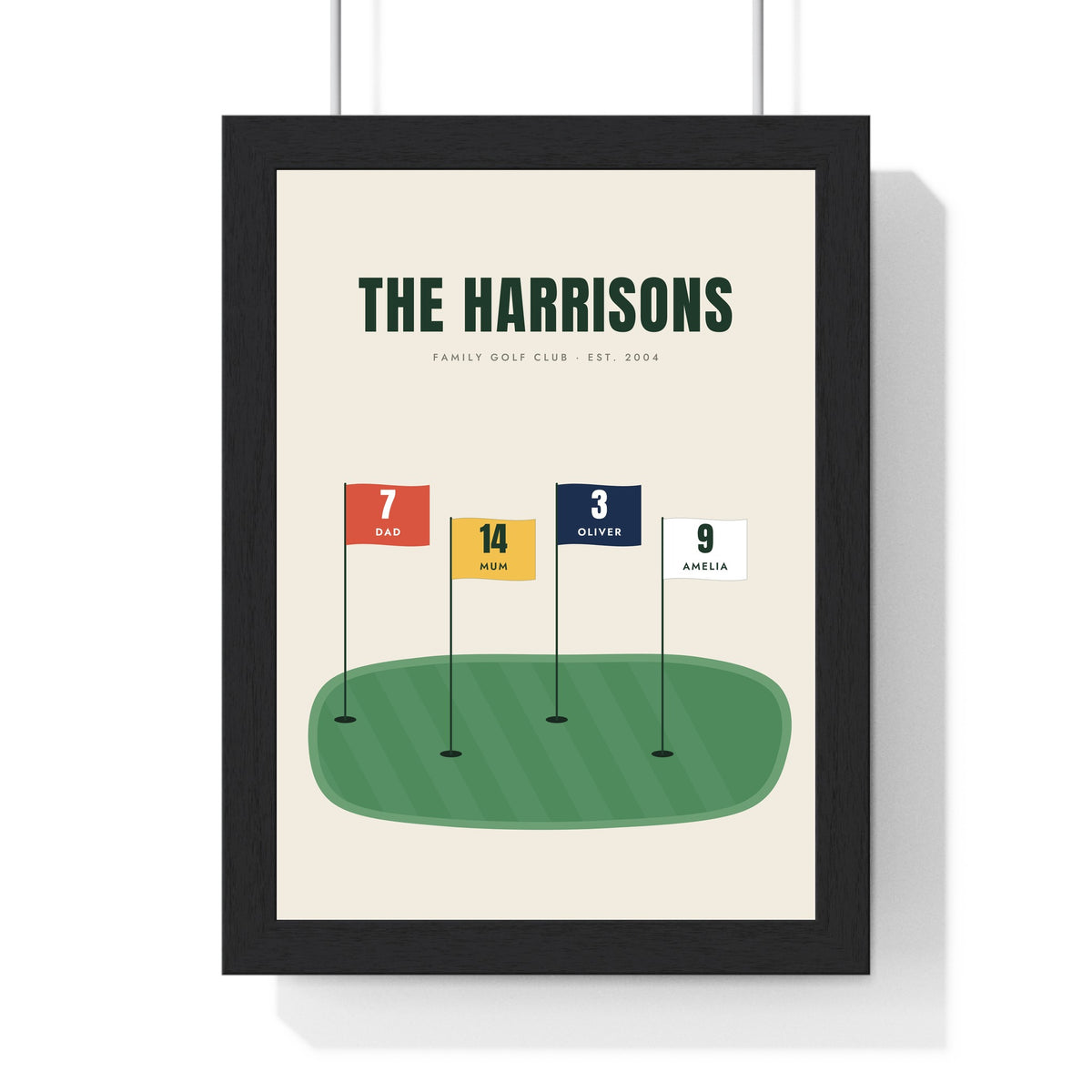 Personalised Family Golf Print - framed cream family golf print with four named flags