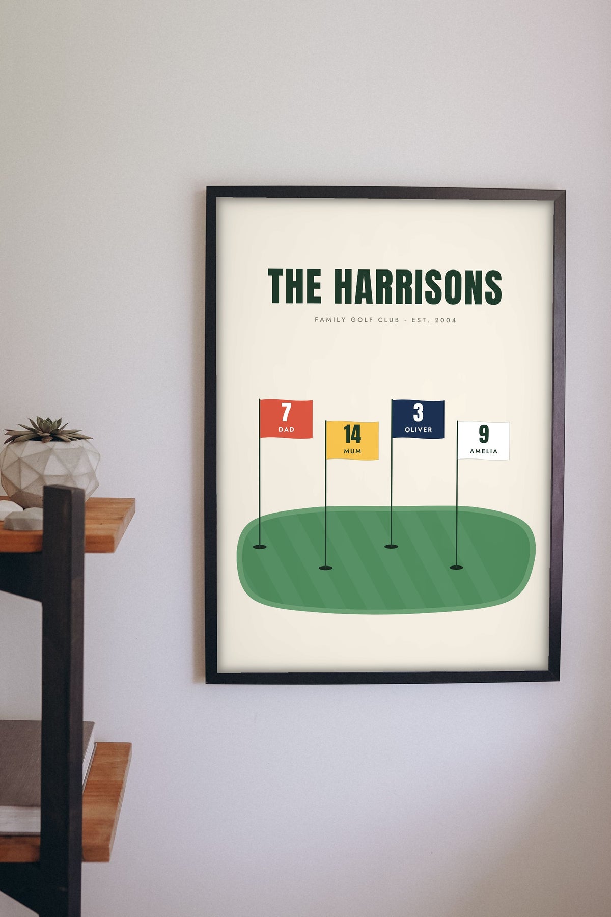 Personalised Family Golf Print - family golf flags print on the hallway wall