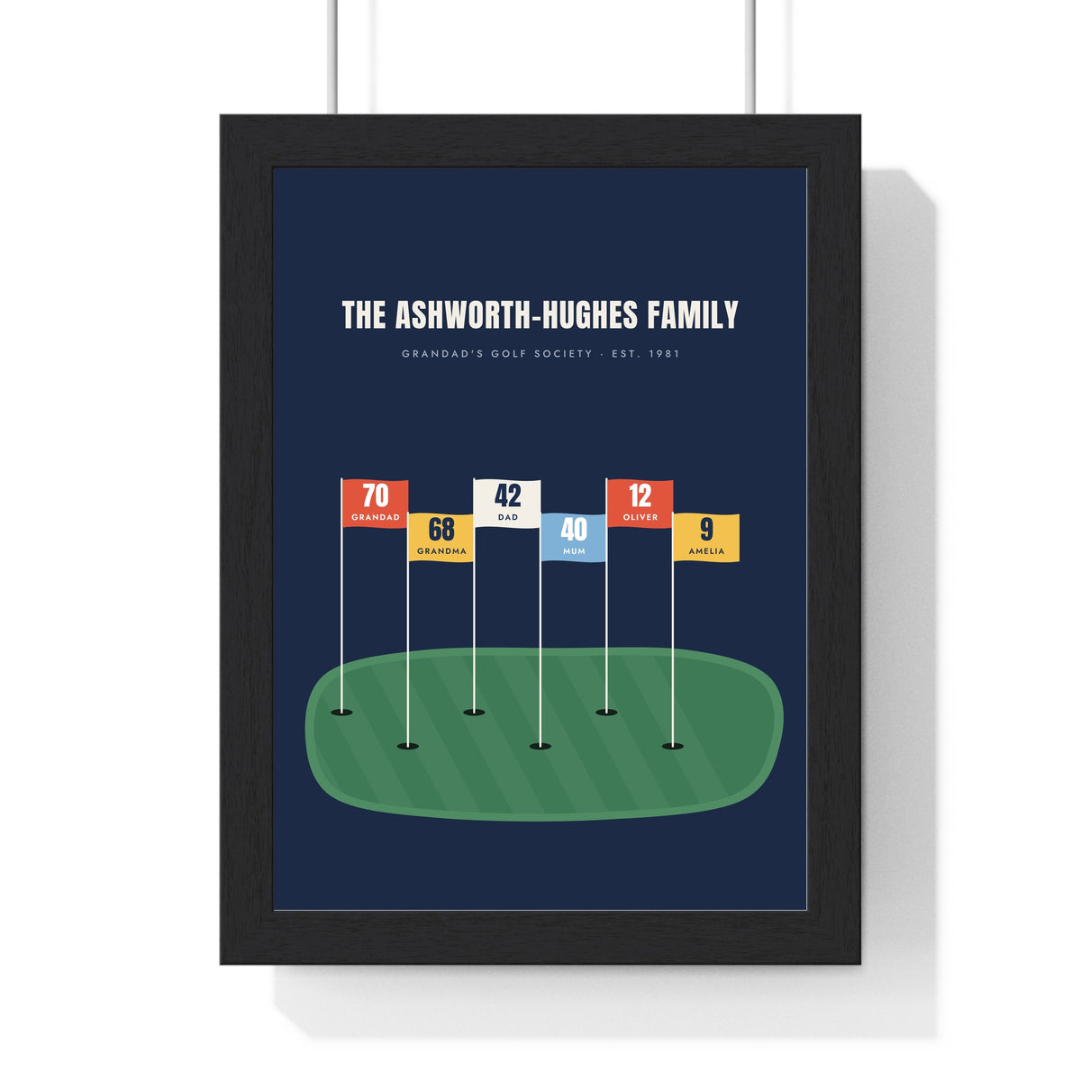 Personalised Family Golf Print - framed navy version with six family flags