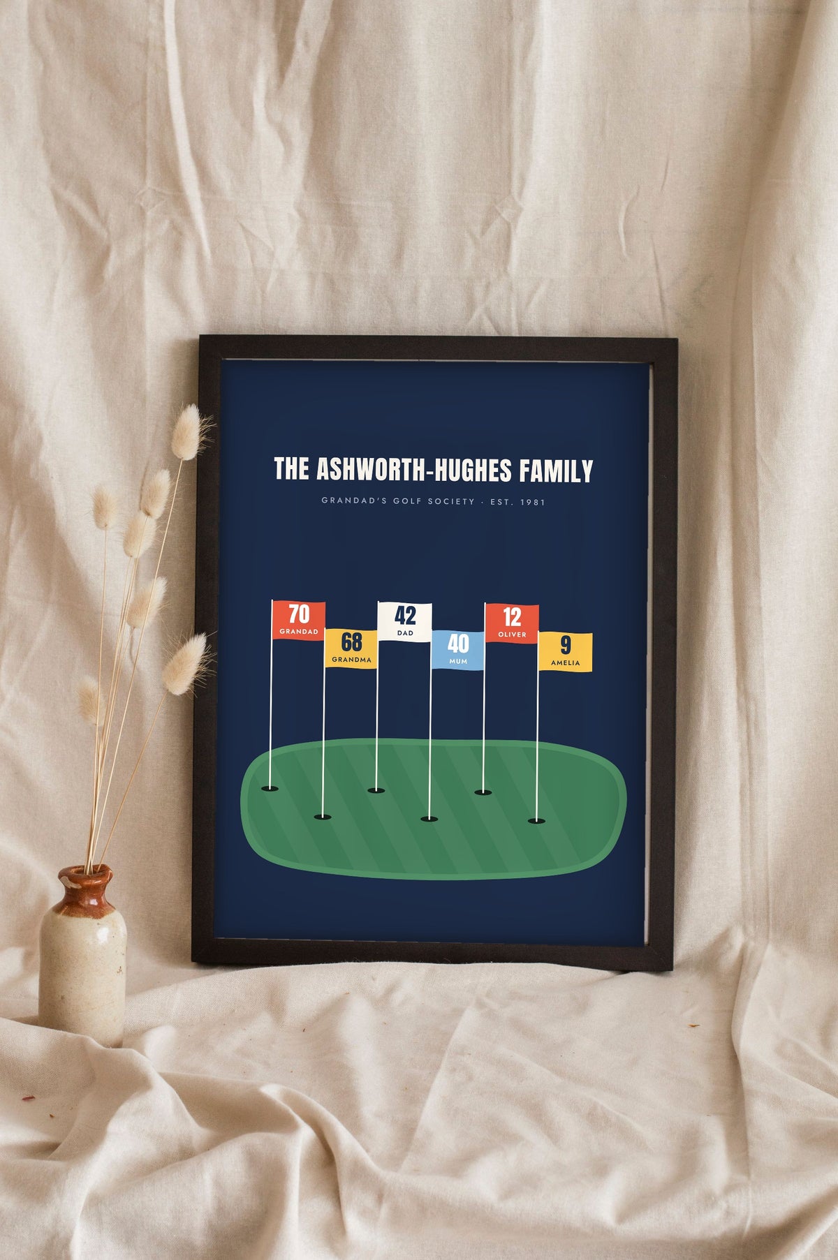 Personalised Family Golf Print - navy six flag family golf print leaning on a shelf