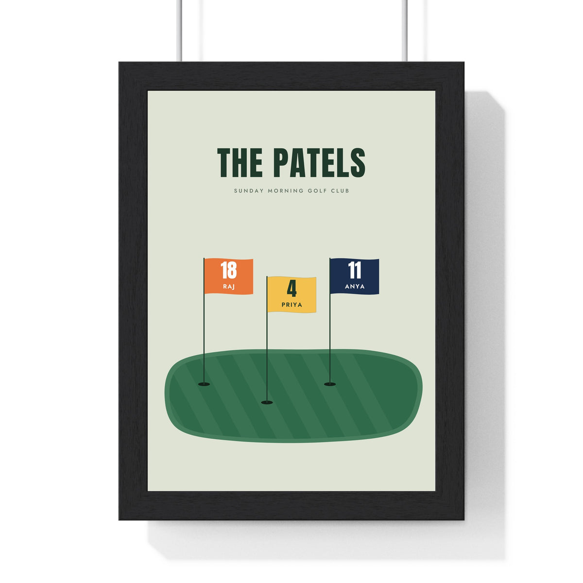 Personalised Family Golf Print - framed sage version with three flags