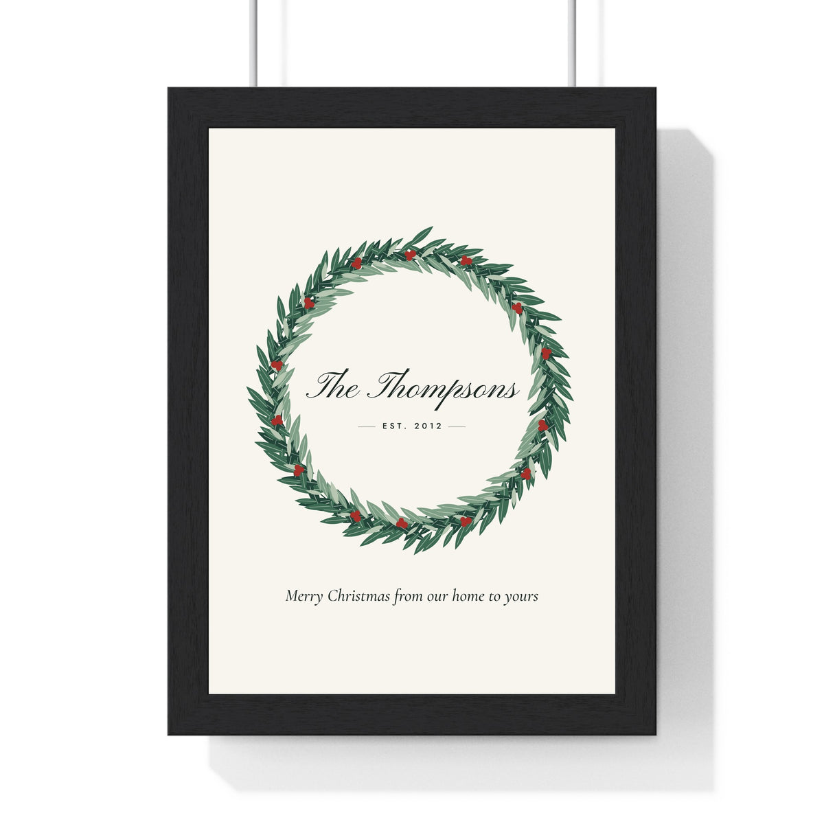 Personalised Christmas Wreath Print - framed ivory Christmas wreath print with the family name in script