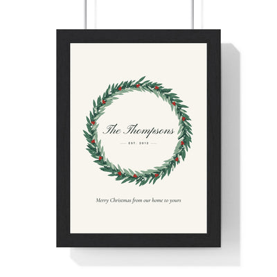 Personalised Christmas Wreath Print - framed ivory Christmas wreath print with the family name in script