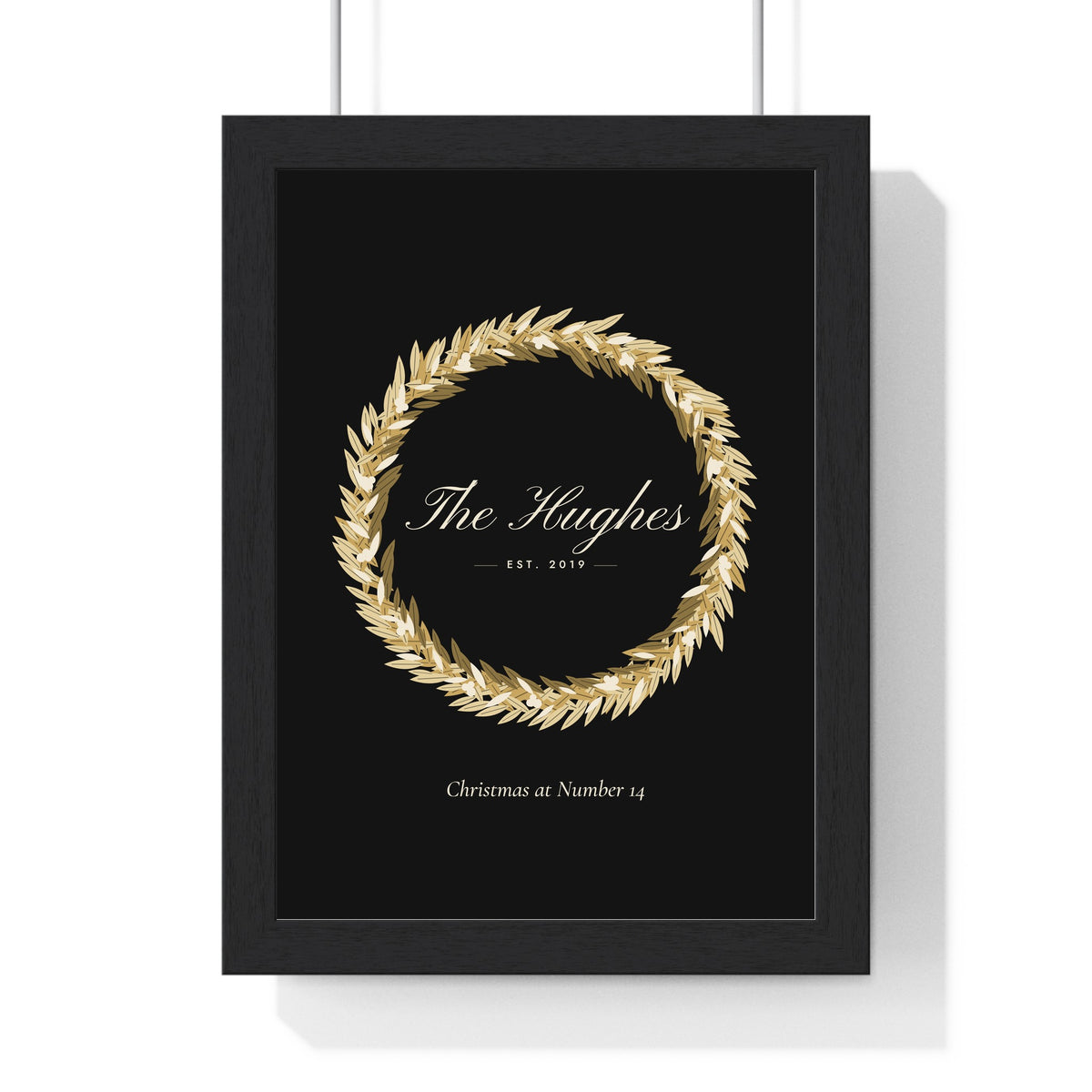 Personalised Christmas Wreath Print - framed black and gold version