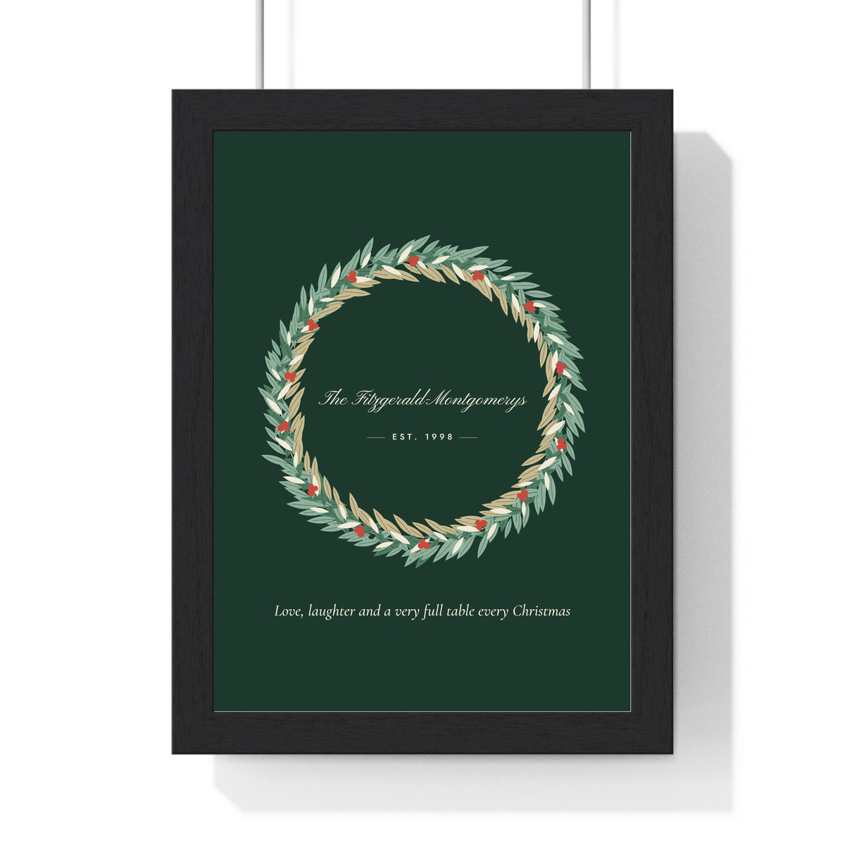 Personalised Christmas Wreath Print - framed forest green version with a long family name