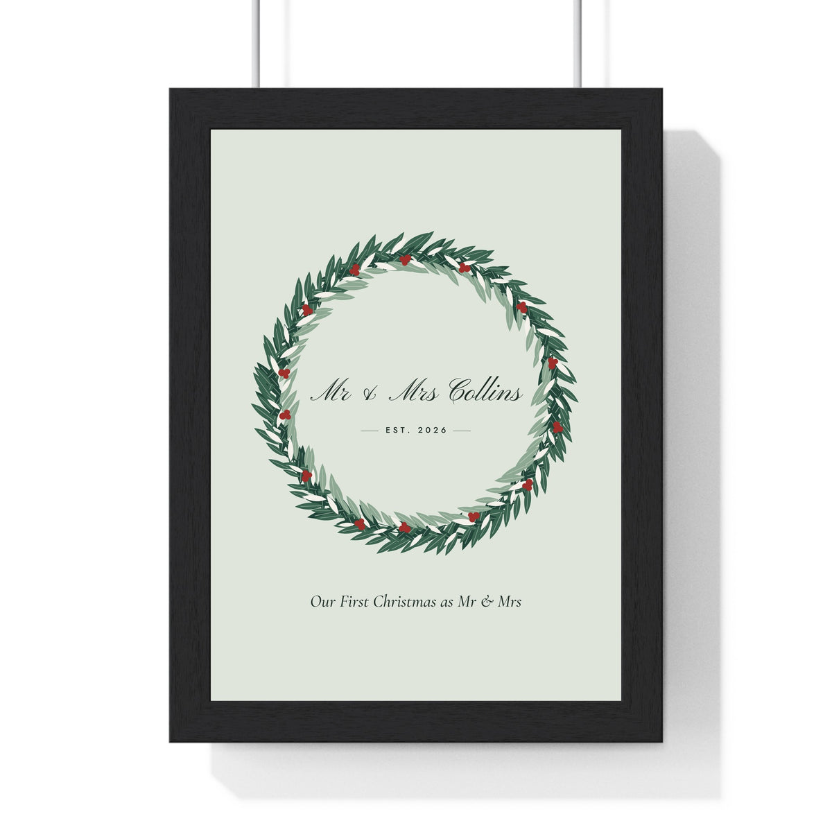 Personalised Christmas Wreath Print - framed sage first Christmas as Mr and Mrs version