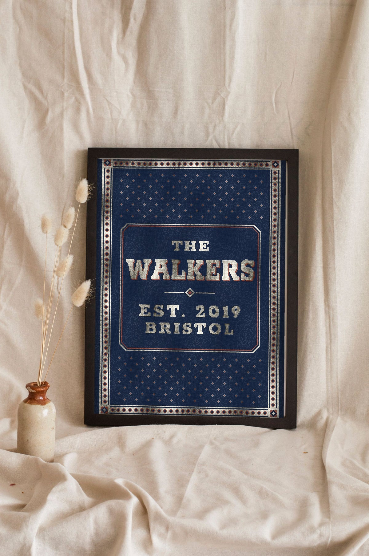 Personalised Family Name Mosaic Print - navy and cream tiled Walkers print leaning on a shelf