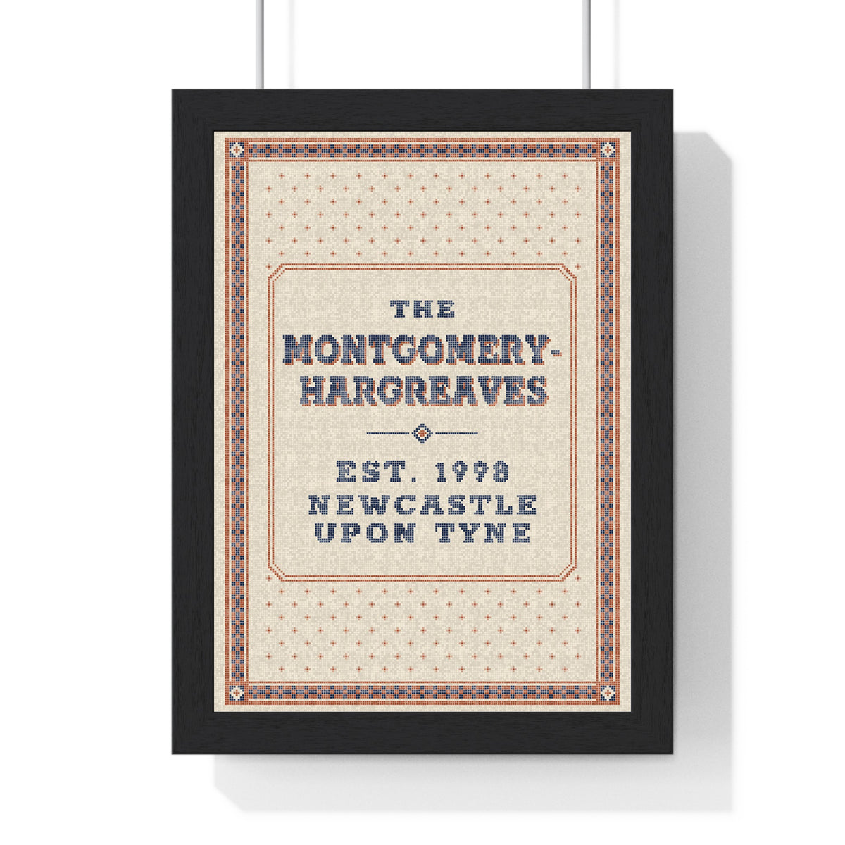 Personalised Family Name Mosaic Print - framed terracotta and navy tiled print with a long double-barrelled name