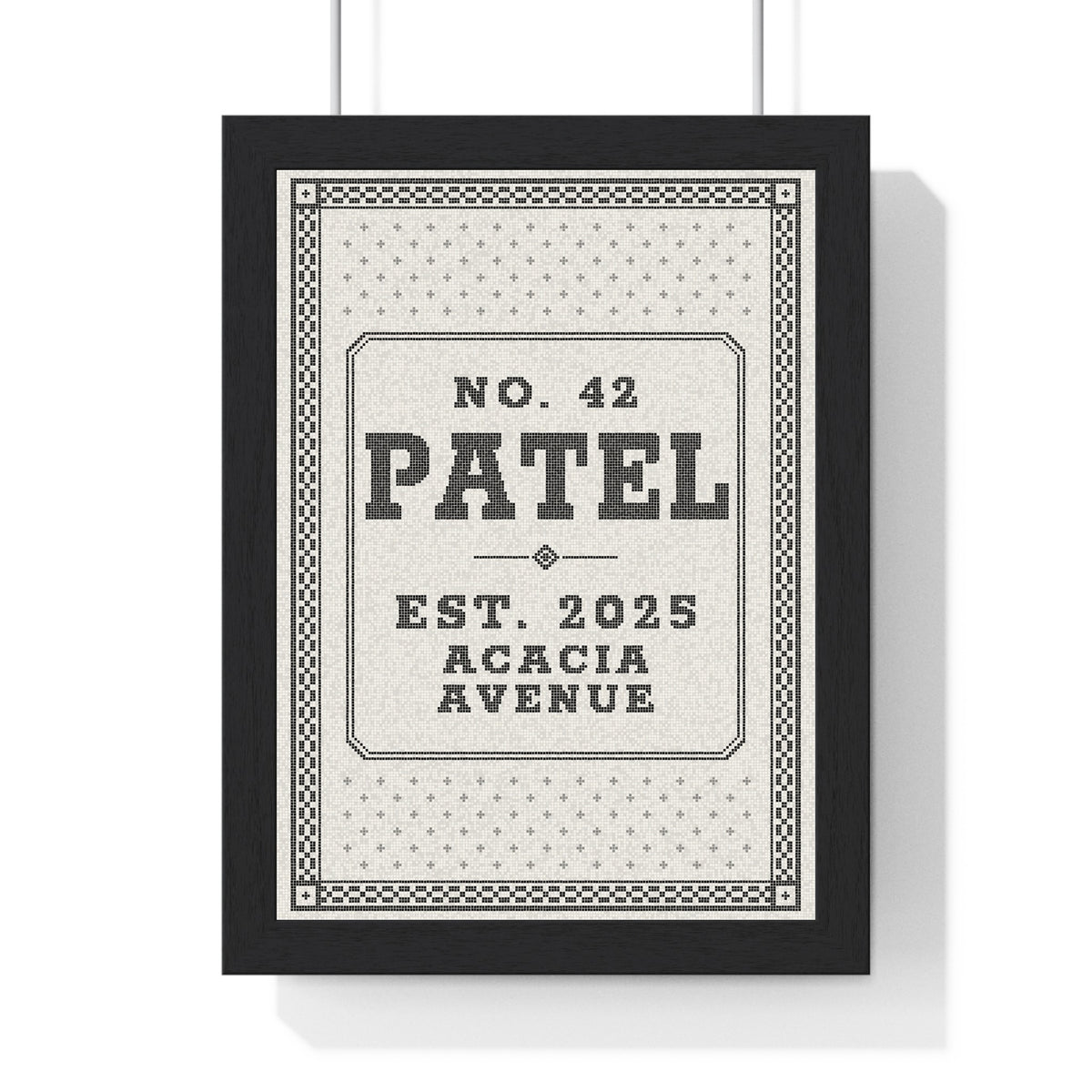 Personalised Family Name Mosaic Print - framed black and white Victorian tile house number print