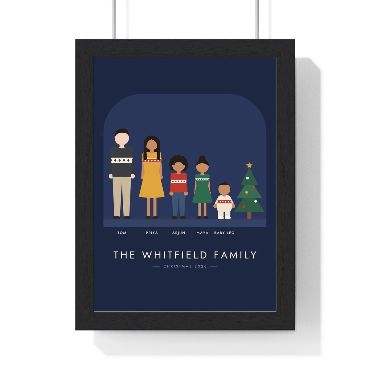 Personalised Family Portrait Illustration Print - framed navy Christmas family portrait with a baby