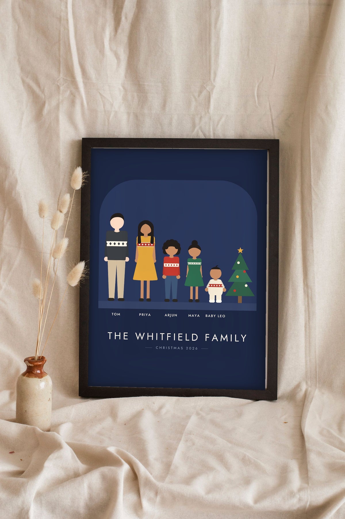 Personalised Family Portrait Illustration Print - navy Christmas version with knitted jumpers and a tree