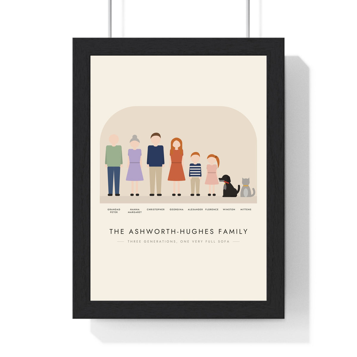 Personalised Family Portrait Illustration Print - framed cream version with three generations, a dog and a cat