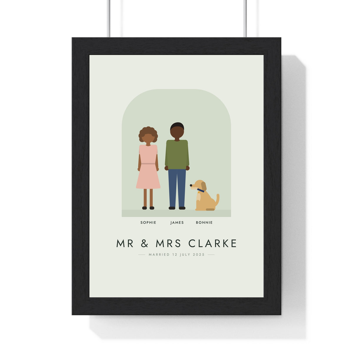 Personalised Family Portrait Illustration Print - framed sage version for a newly married couple and their dog