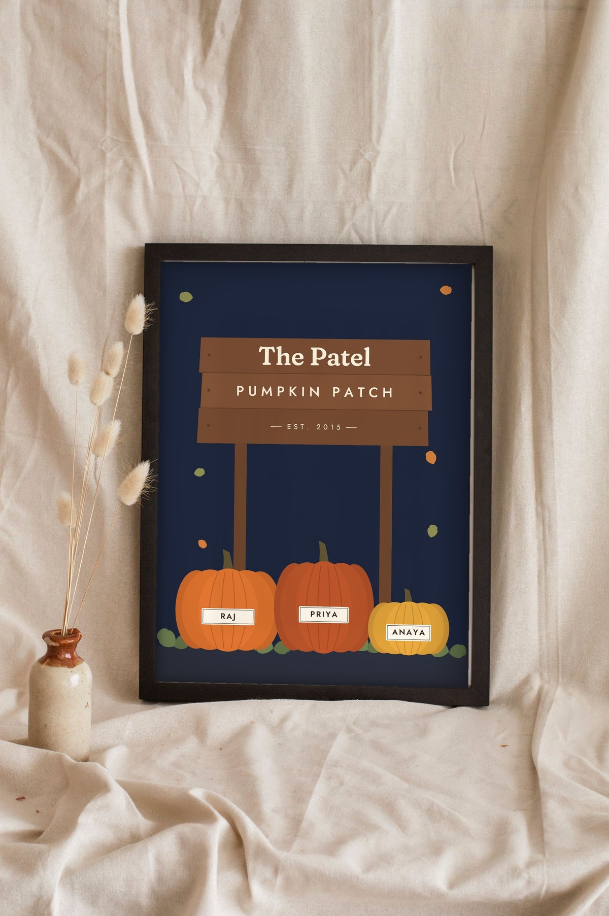 Personalised Family Pumpkin Patch Print - navy pumpkin patch print leaning in a frame