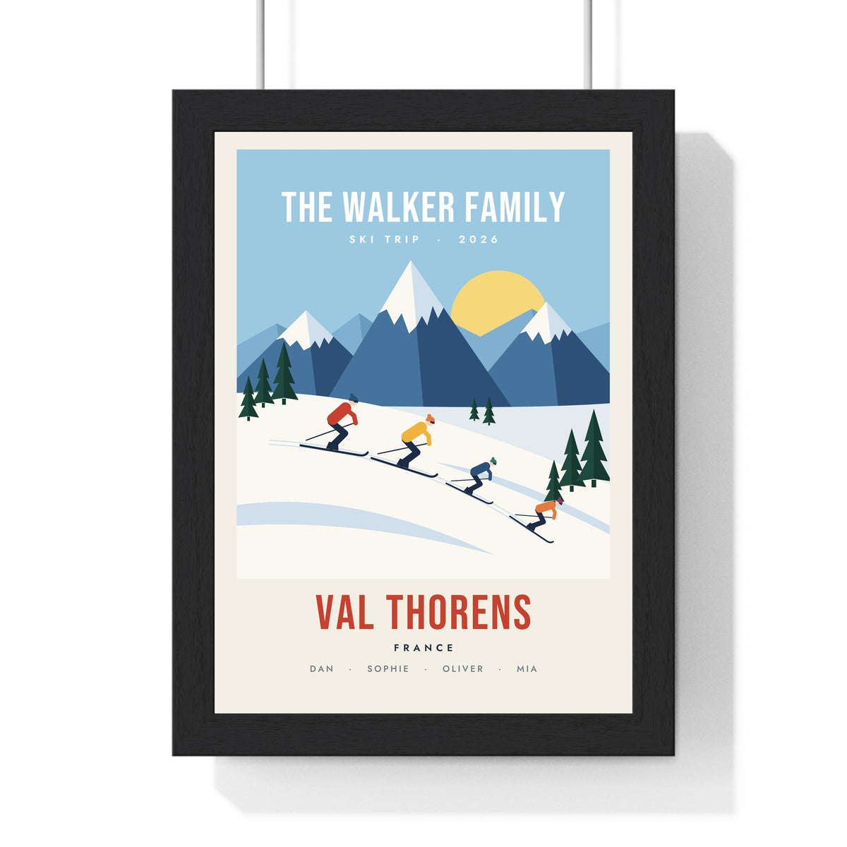 Personalised Retro Family Ski Print - framed personalised retro family ski print, Val Thorens