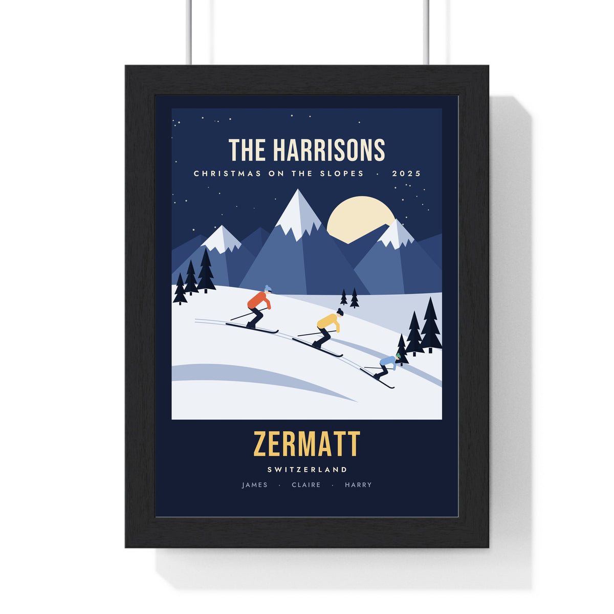 Personalised Retro Family Ski Print - framed night navy ski print, Christmas on the slopes in Zermatt