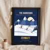 Personalised Retro Family Ski Print - night navy family ski print for Zermatt, leaning on a shelf
